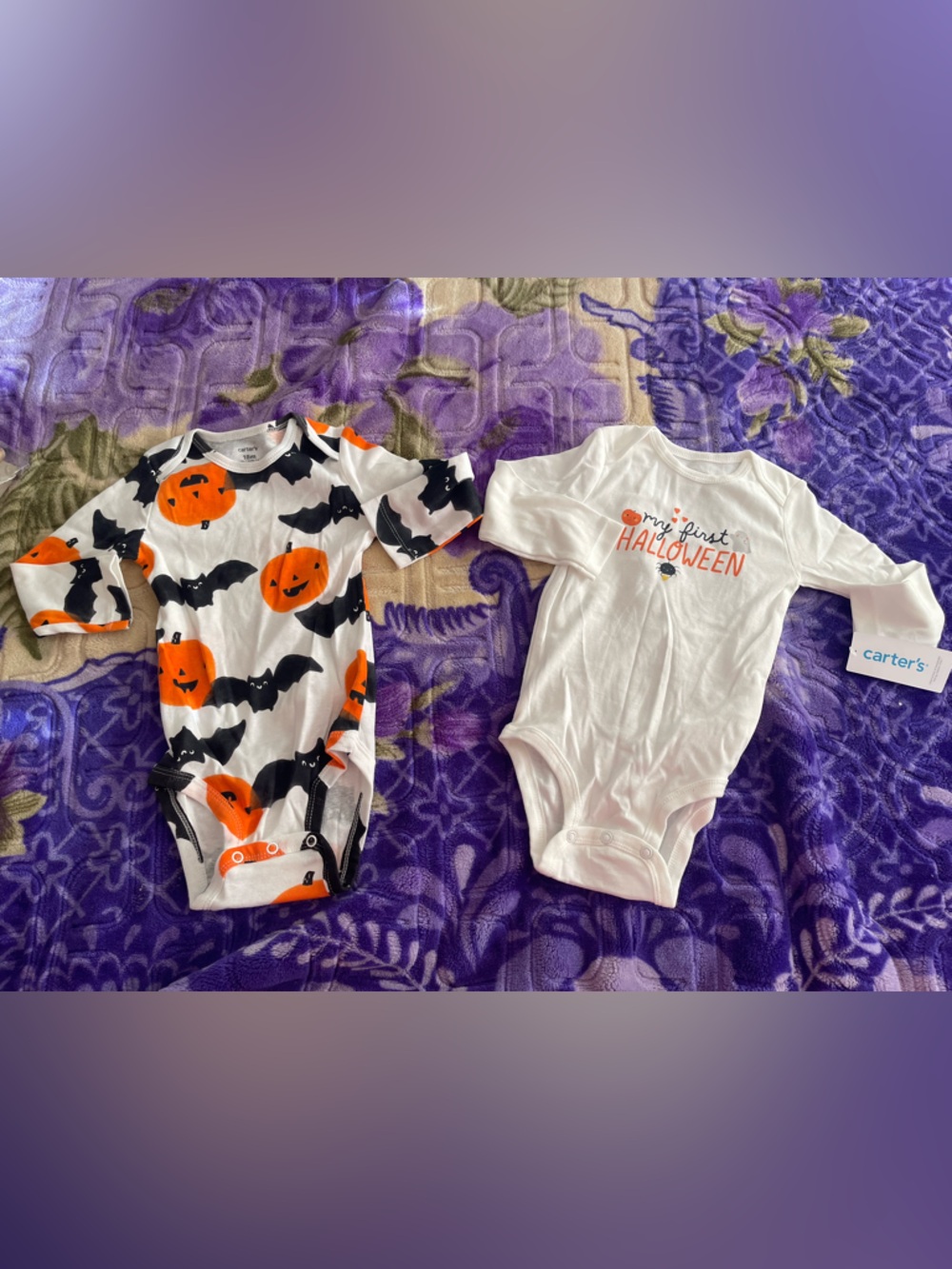 Carter's Halloween Baby Bodysuit Duo - White, Orange & Black Pumpkin/Bat Set